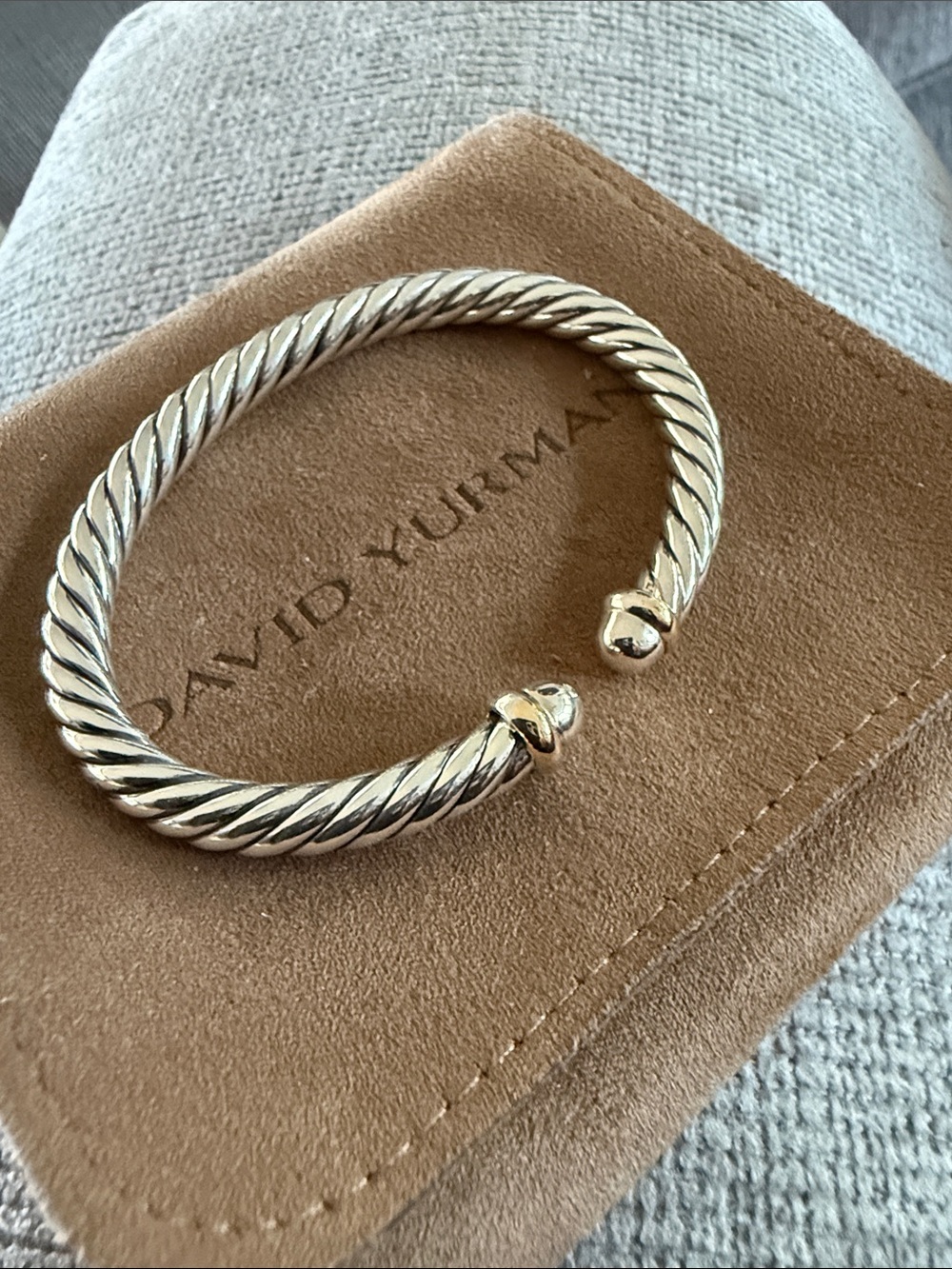 David Yurman Sterling Silver Cable Cuff with Gold End size Medium 6mm flex